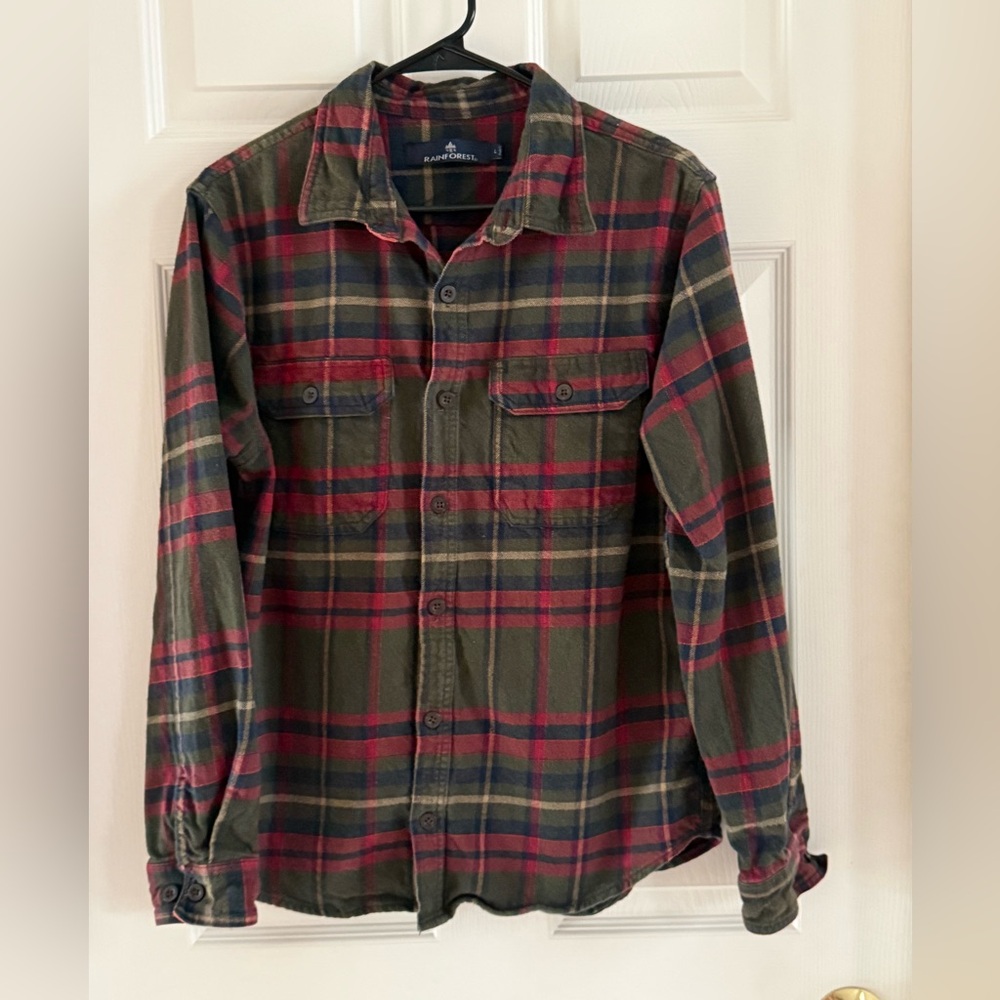 RAINFOREST Heavy Flannel Shirt Green and‎ Red Plaid Button Down Sz L